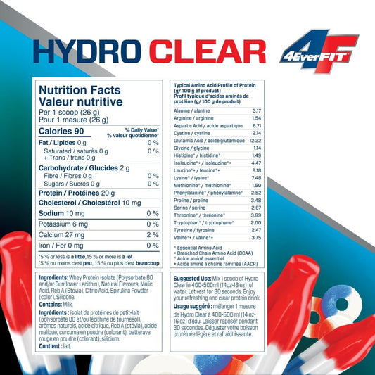 4EverFit Hydro Clear 果汁蛋白，100% 乳清蛋白水解物，混合物清澈，味道像糖果，無糖，無脂肪，低卡路里，不含人工甜味劑、色素或香精 - Rocket Pop 520g