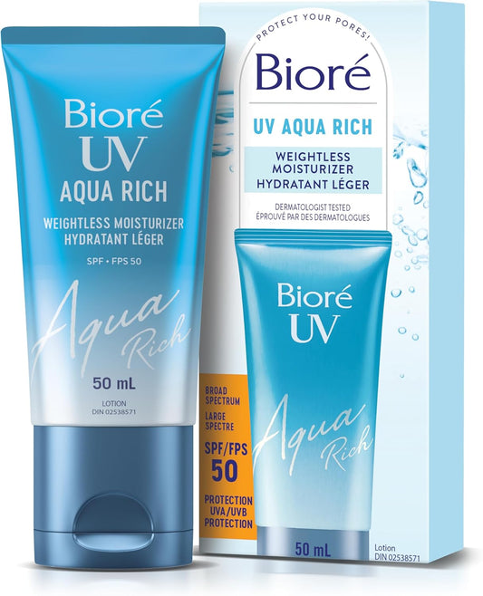 Bioré UV Aqua Rich Weightless Moisturizer with SPF 50 | Dermatologist Tested Face Cream with Invisible UV Protection | 50mL | Made in Canada