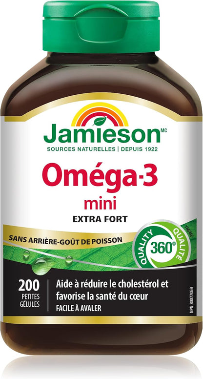 Jamieson Omega-3 迷你軟膠囊，無魚腥味，有益心臟健康，支持大腦健康。含 210 毫克 EPA 和 140 毫克 DHA，不打嗝，易吞嚥，無麩質，非基因改造，200 粒裝