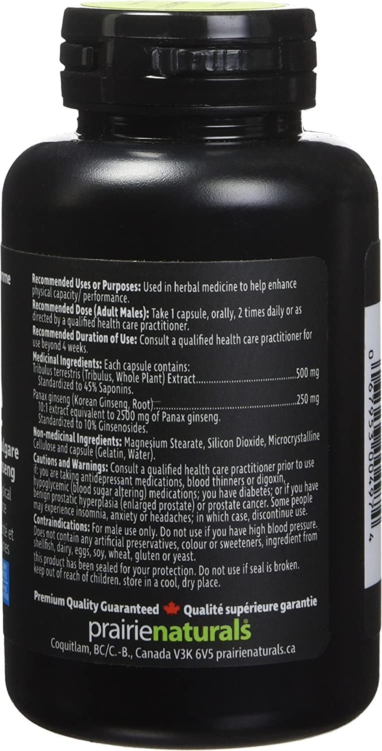 Prairie Naturals Trib Force 蒺藜和保加利亞蒺藜膠囊 - 增強體能。人參。健康的血糖水平。認知功能。緩解精神疲勞。非基因改造。無麩質。無酵母。無乳製品 - 60 攝氏度…