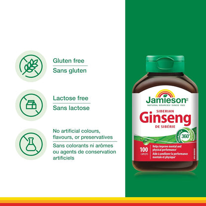 Jamieson Siberian Ginseng, Supports Recovery, Helps Enhance Physical Performance, and Improves Mental Performance. Adaptogen, Non-GMO, Gluten-Free, 100 Vegetarian Caplets, Proudly Canadian