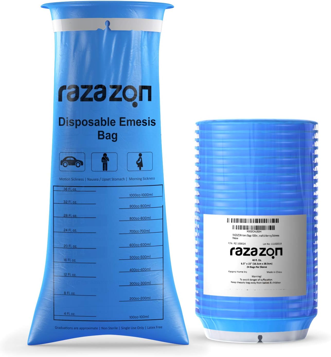 RAZAZON Vomit Bags Disposable Medical Grade for Adults - 50 Pack - Leak Resistant, Portable, Emesis Bags Disposable Car Sick Bag, Puke, Throw Up, Barf Bags for Travel Motion Sickness, Kids, Taxi