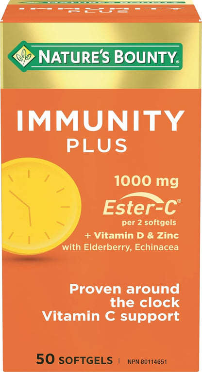 Nature's Bounty Immunity Plus，1000 毫克酯化維生素 C，含鋅、接骨木果和紫錐菊，50 粒軟膠囊，有助於維持免疫系統