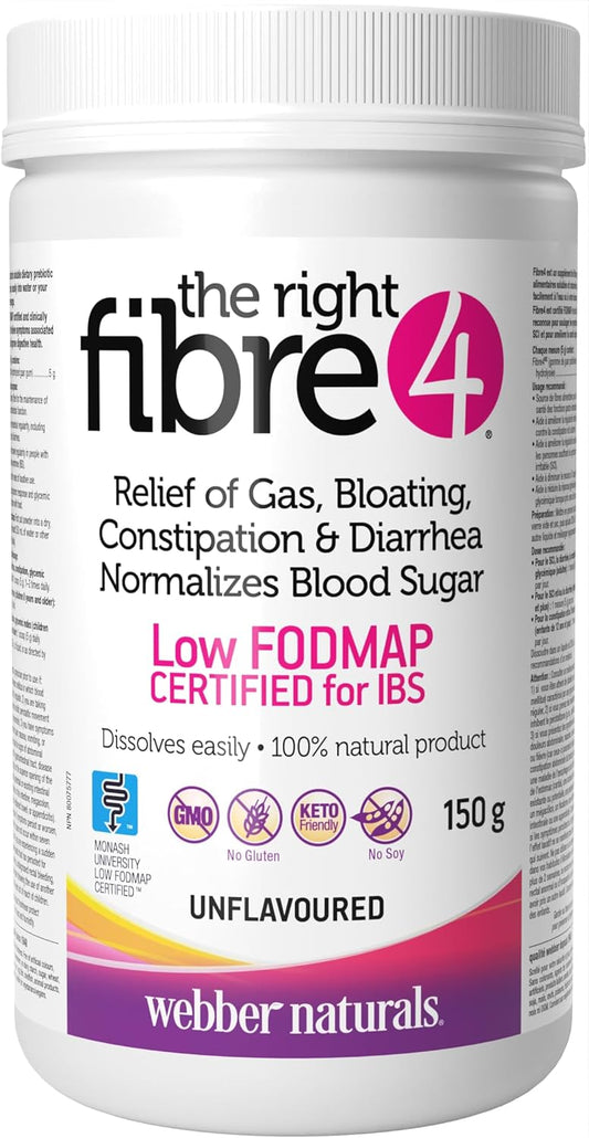 Webber Naturals Fibre4 肠易激综合征肠道不适补充剂，150 克，原味，30 份，促进消化健康的膳食纤维补充剂，低 FODMAP，纯素