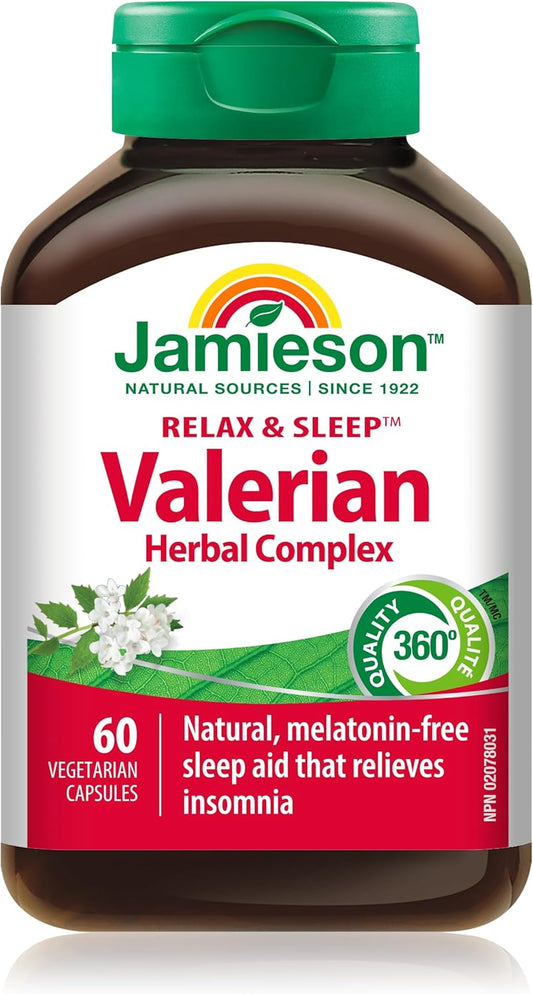 Jamieson Relax and Sleep Herbal Complex, with Valerian, Passionflower, and Hops, Melatonin-Free. Natural Sleep Aid, and Calming, Non-GMO, Gluten-Free, 60 Vegetarian Capsules, Proudly Canadian