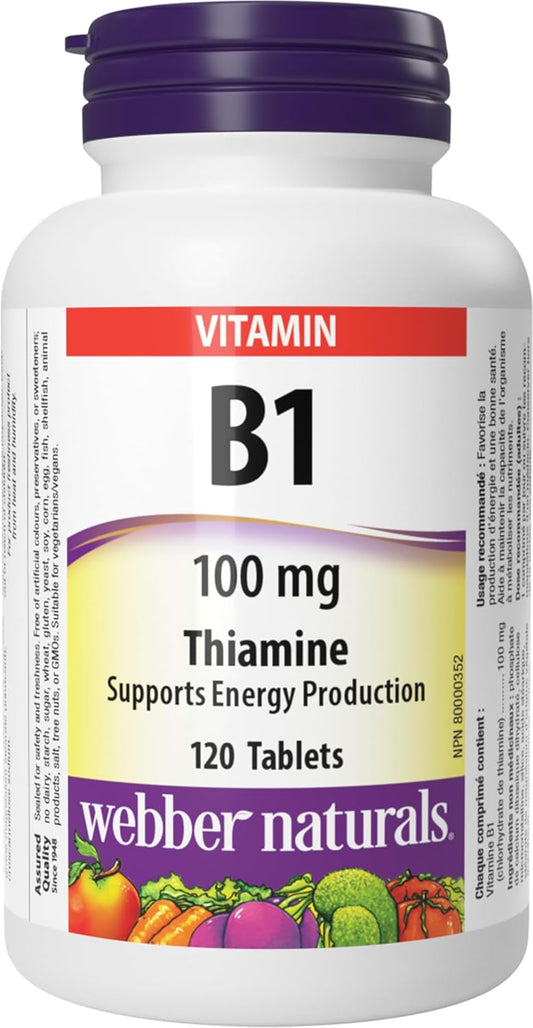 Webber Naturals 维生素 B1 硫胺素 100 毫克，120 片，支持能量生成，纯素