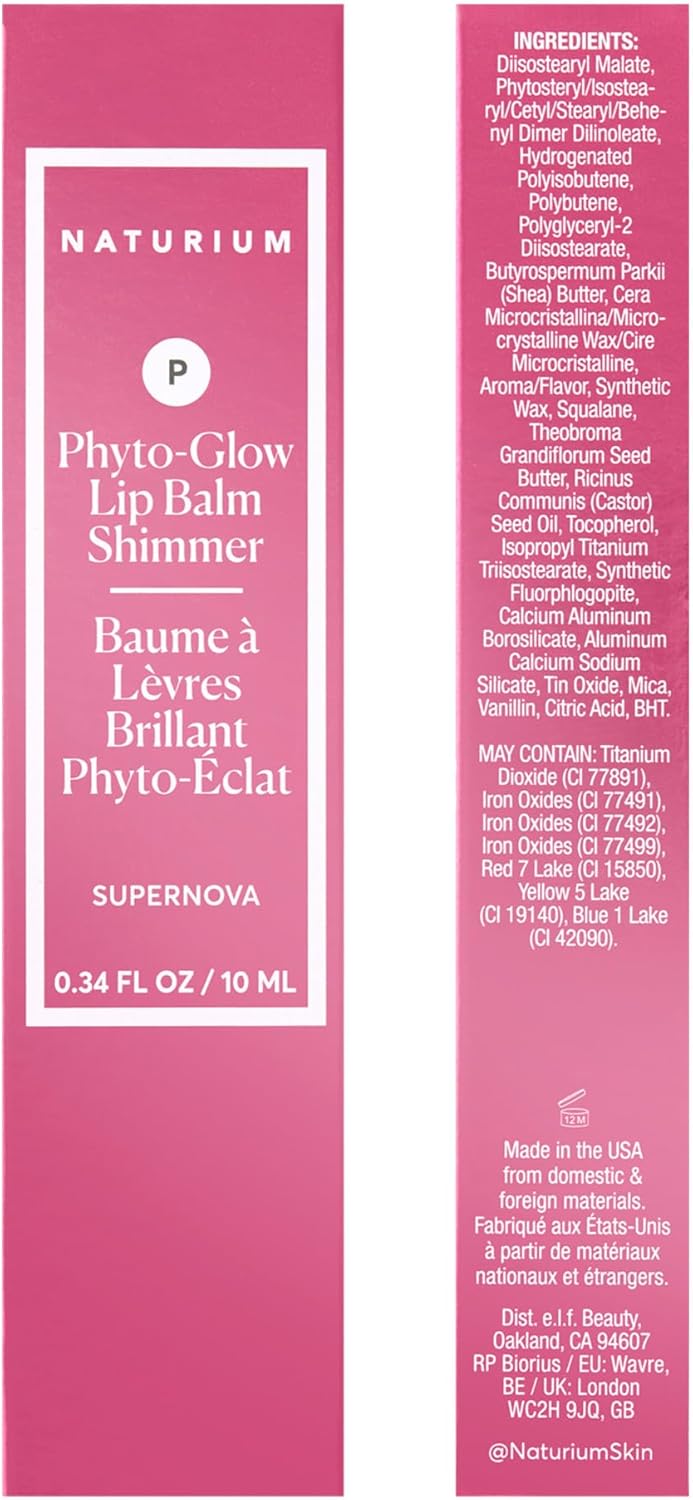 Naturium Phyto-Glow 唇膏閃光，滋養和保濕雙唇，含乳木果油、古布阿蘇脂、植物角鯊烷和 Geodiamond 珍珠，10 毫升/0.34 液盎司，色號：Supernova