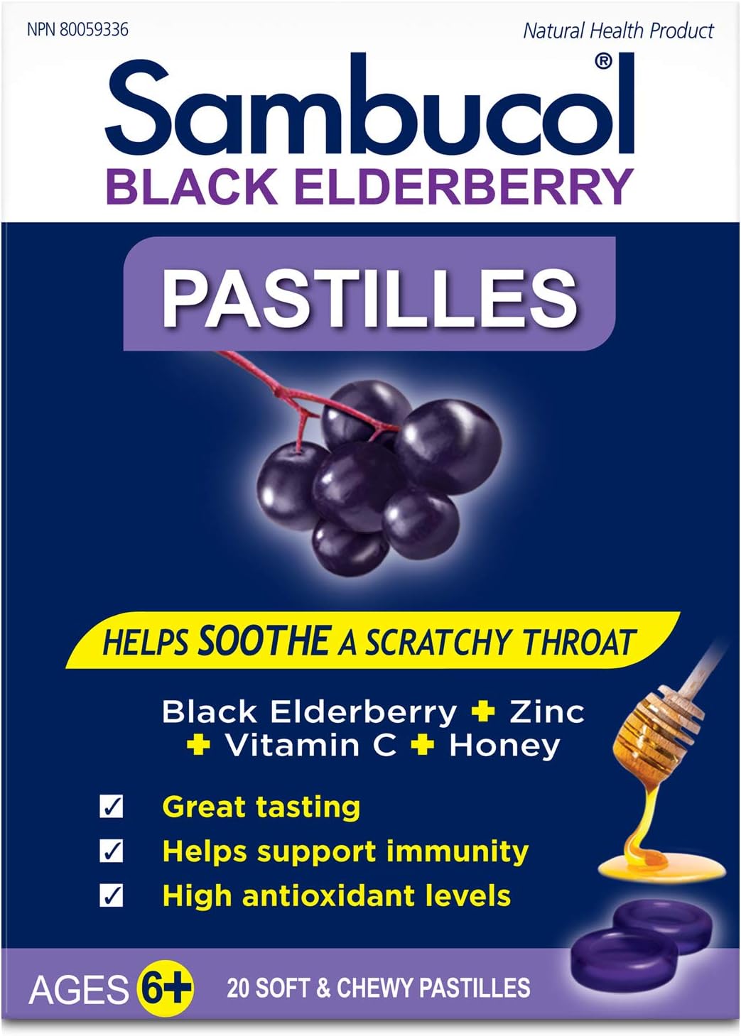Sambucol Black Elderberry Pastilles | Quickly Soothes Sore, Dry & Scratchy Throat Symptoms | Immune Support & Antioxidant | Ideal for Ages 6+ | Gluten & Nut Free | 20 Soft & Chewy Pastilles, blue