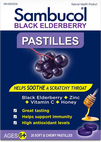 Sambucol Black Elderberry Pastilles | Quickly Soothes Sore, Dry & Scratchy Throat Symptoms | Immune Support & Antioxidant | Ideal for Ages 6+ | Gluten & Nut Free | 20 Soft & Chewy Pastilles, blue