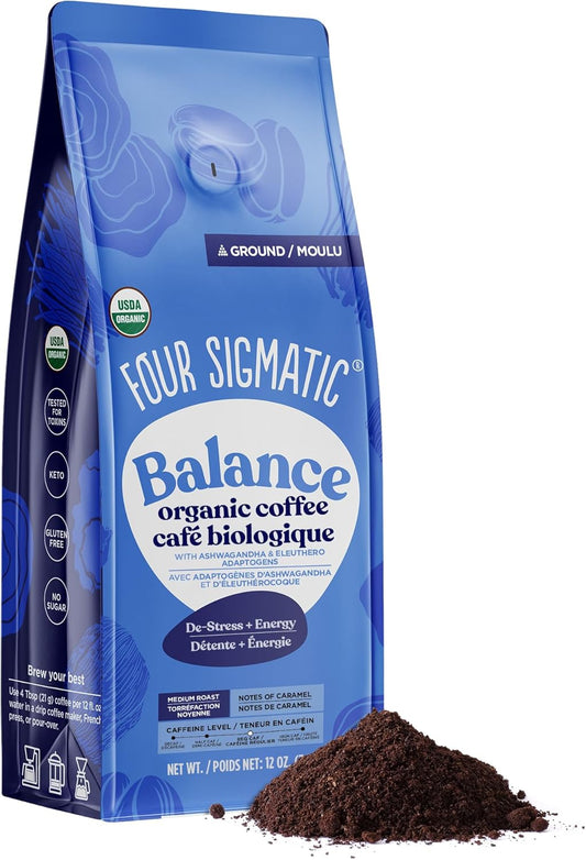 Four Sigmatic Organic Balance Adaptogen Ground Coffee | Medium Roast USDA Organic Coffee with Ashwagandha, Chaga Mushroom, Eleuthero and Tulsi | Focus and Energy Boosting Coffee | 12oz Bag