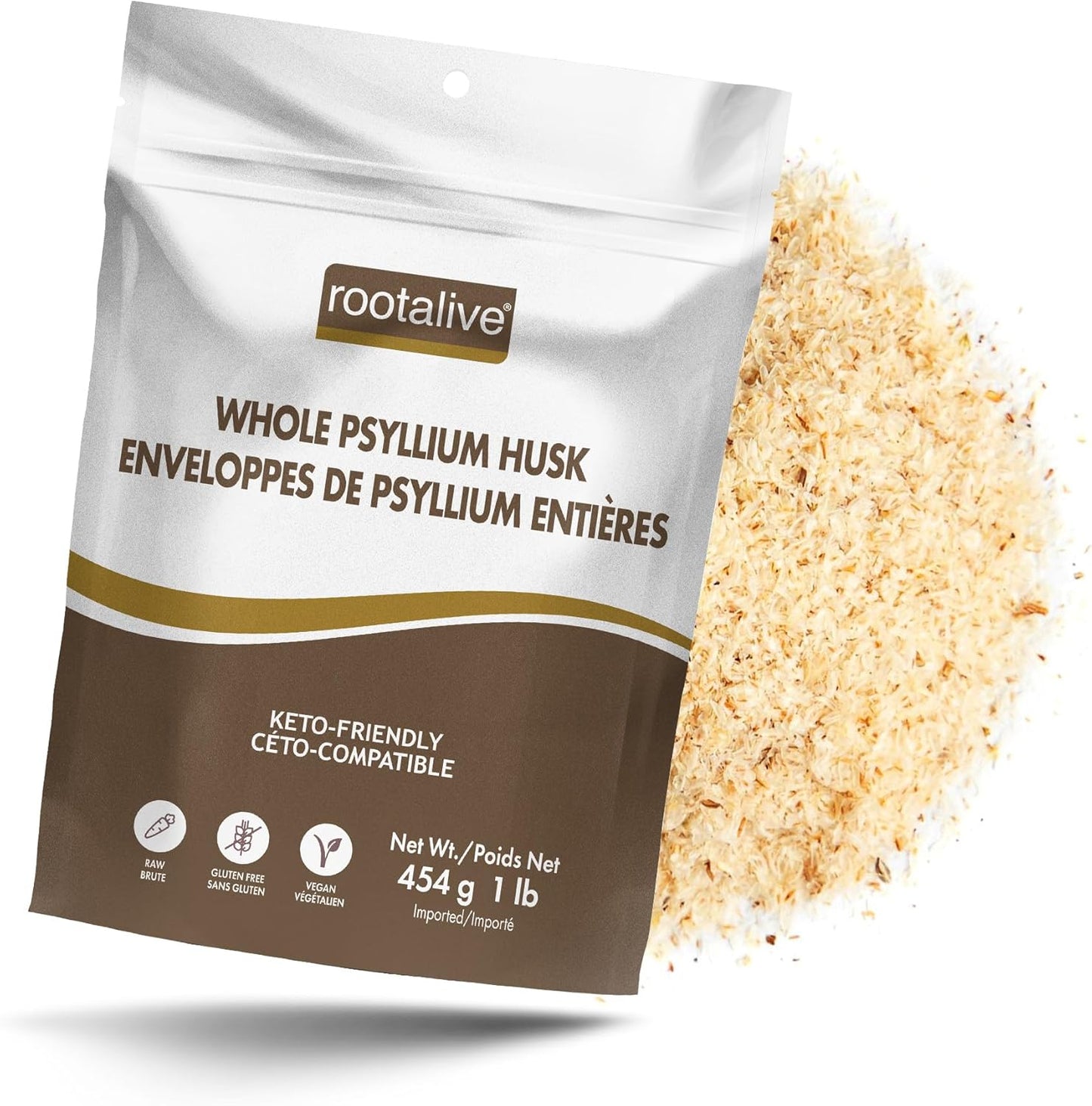 Rootalive - Whole Psyllium Husk, Psyllium Husk Whole Plant-Based Fibre for Digestive Support, Unflavored Superfood Powder with Soluble & Insoluble Fibre, Vegan, Gluten-Free, 454 grams