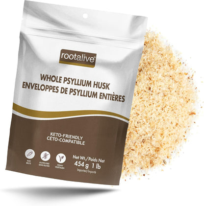 Rootalive - Whole Psyllium Husk, Psyllium Husk Whole Plant-Based Fibre for Digestive Support, Unflavored Superfood Powder with Soluble & Insoluble Fibre, Vegan, Gluten-Free, 454 grams