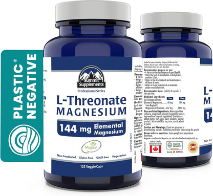 加拿大製造，抗塑膠污染 - Magtein L-蘇糖酸鎂 125 粒素食膠囊，41 天用量 - 促進大腦健康，促進健康睡眠和放鬆 - 經第三方測試 - 加拿大配方和製造