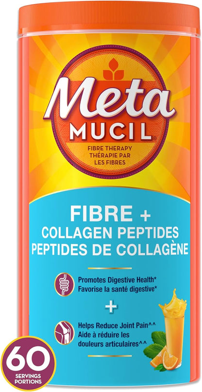 Metamucil Daily Fibre + Collagen Peptides, Psyllium Husk Powder, Plant Based Sugar-Free with Stevia, Orange Flavoured, 60 Servings (564 g)