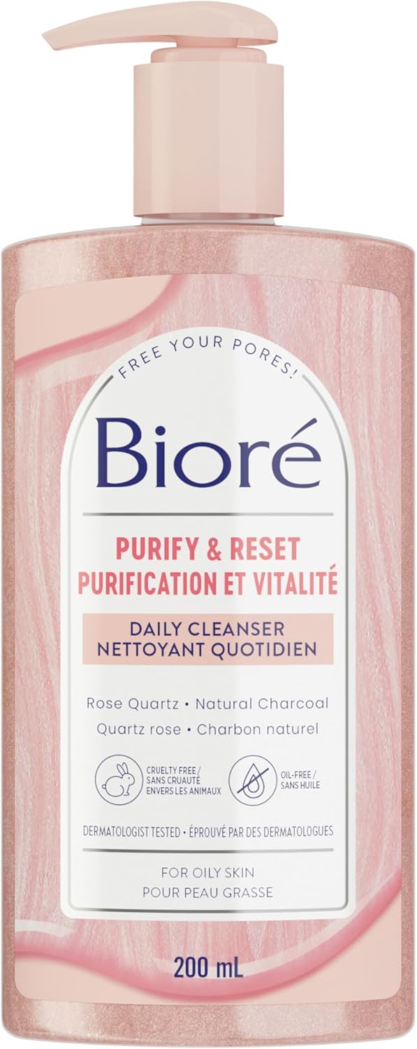 Bioré 玫瑰石英 + 木炭每日淨化潔面乳，適合油性肌膚的洗面乳（200 毫升）| 粉紅色，包裝可能有所不同