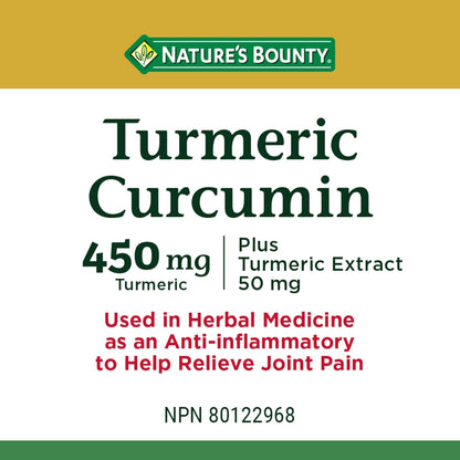 Nature's Bounty 姜黄素丸和草本保健品，有助于缓解关节疼痛，抗氧化剂来源，450 毫克，120 粒胶囊，多色