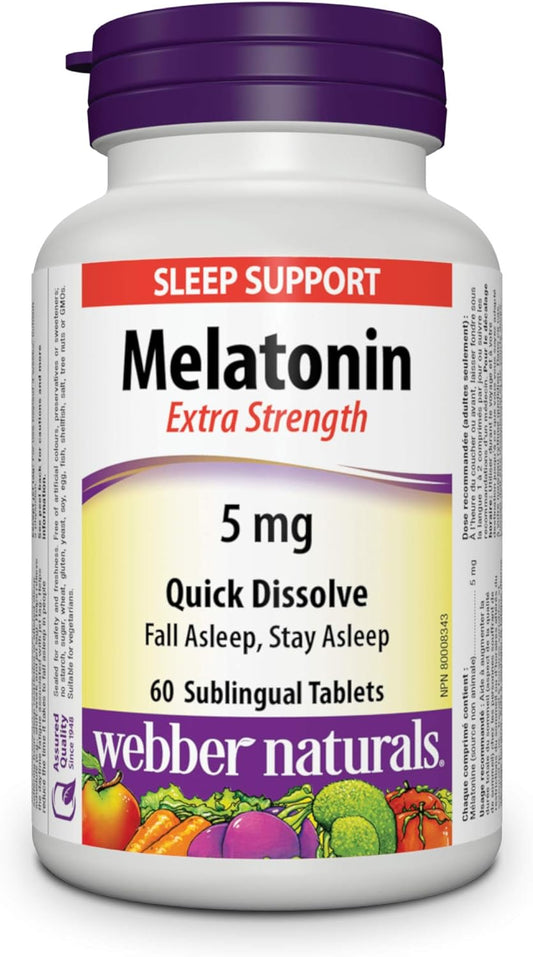 Webber Naturals Melatonin 5 mg Extra Strength, 60 Quick Dissolve Tablets, For Sleep Support, Vegetarian
