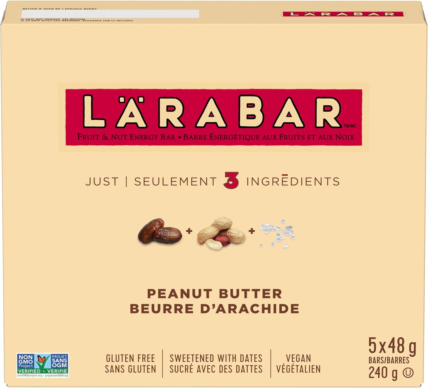 LÄRABAR 花生酱、水果和坚果能量棒，5条装，无麸质，纯素，零食棒