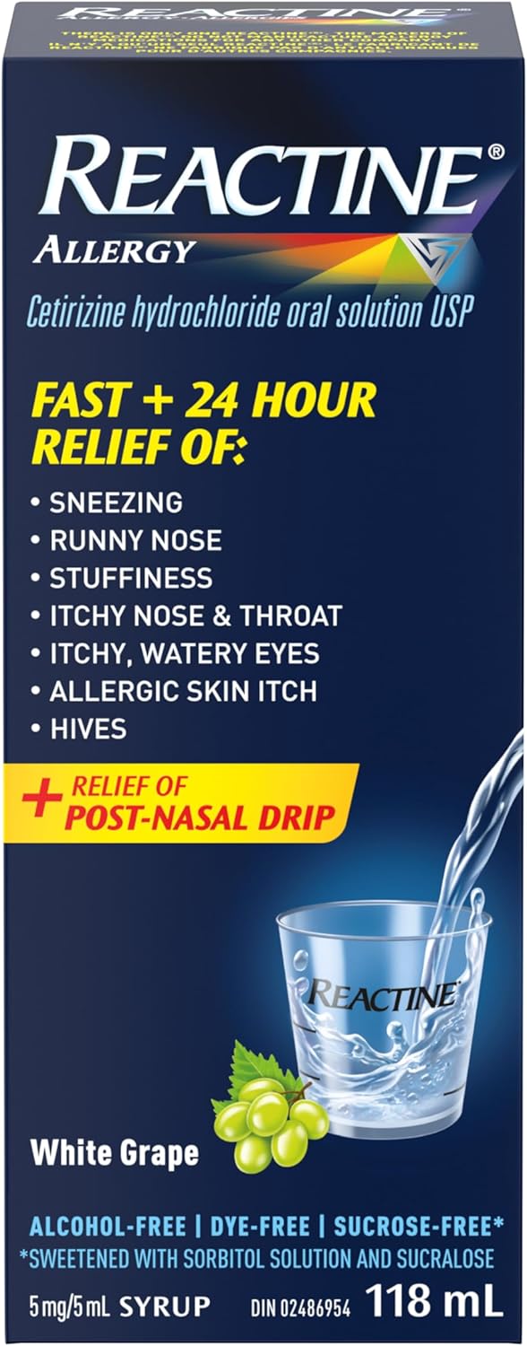 Reactine Liquid Allergy Medicine - For Itchy Eyes, Hives, Runny Nose - 24 Hour Allergy Relief - White Grape Flavour, 118 mL