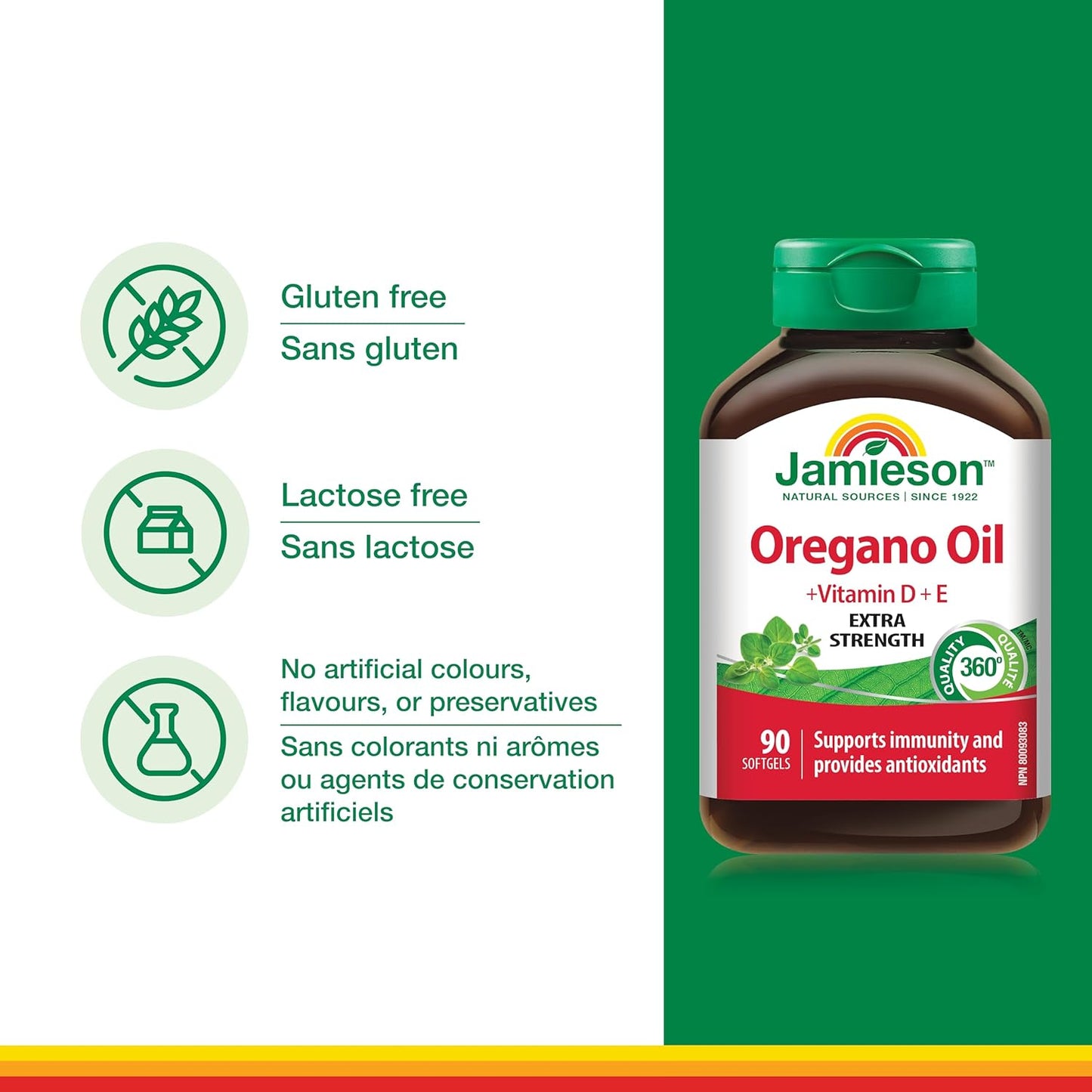 Jamieson 牛至油 180 毫克软胶囊，强效，含维生素 D3 1,000 IU 和维生素 E。支持免疫健康，抗氧化，非转基因，无麸质，90 粒，加拿大制造