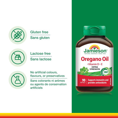 Jamieson 牛至油 180 毫克软胶囊，强效，含维生素 D3 1,000 IU 和维生素 E。支持免疫健康，抗氧化，非转基因，无麸质，90 粒，加拿大制造