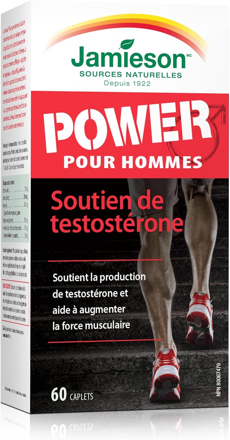 Jamieson 男士強效素食膠囊，含胡蘆巴、鋅、天門冬胺酸鎂、維生素B6和β-丙胺酸。支持睾酮生成、肌肉力量和恢復，無麩質，60粒，加拿大製造
