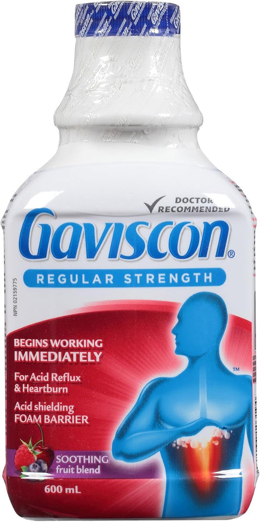Gaviscon 液體常規強度抗酸劑 - 600 毫升 - 日夜緩解胃灼熱、胃酸倒流和胃食道逆流的抗酸液，水果混合物 - 不含鋁、乳糖和麩質