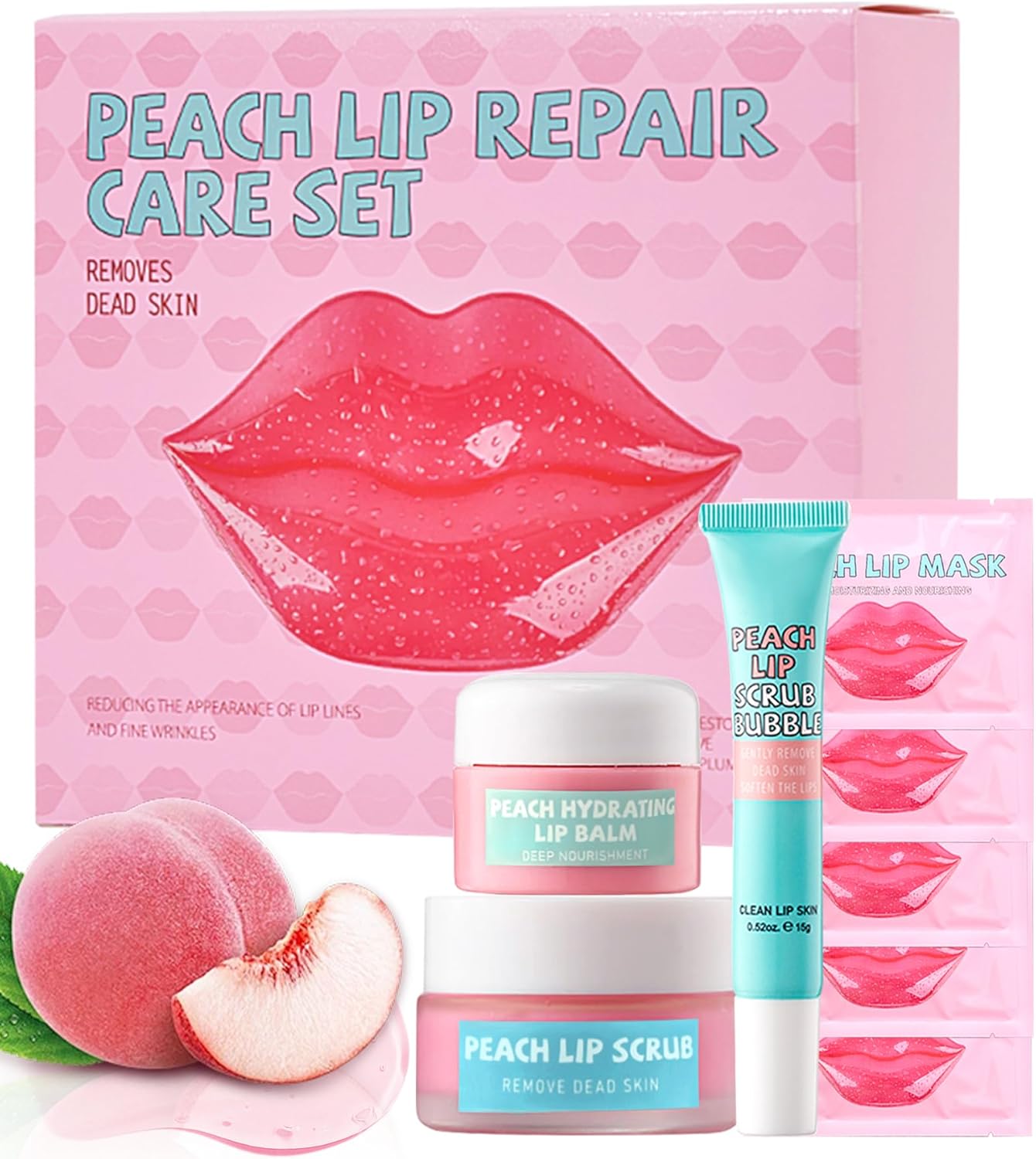 Lip Repair Care Product Kit,8 in 1 Peach Lips Care Moisturizer,Lip Scrub,5Pcs Lip Mask,Lip Scrub Foaming,Hydrating Lip Balm for Dry Cracked Chapped Lips,Christmas Travel Size Care Gift Set for Women Girl