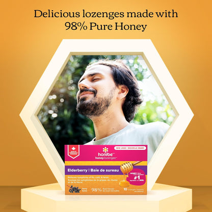 Honibe 100% 纯蜂蜜润喉糖，加拿大制造，缓解痰液和咳嗽，含接骨木果，1 包（10 粒润喉糖），天然浆果
