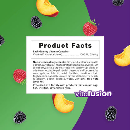 Vitafusion D3 成人維生素軟糖，1000 IU 維生素 D3 每日劑量，支持骨骼和牙齒*，150 粒，5 個月用量，包裝可能有所不同