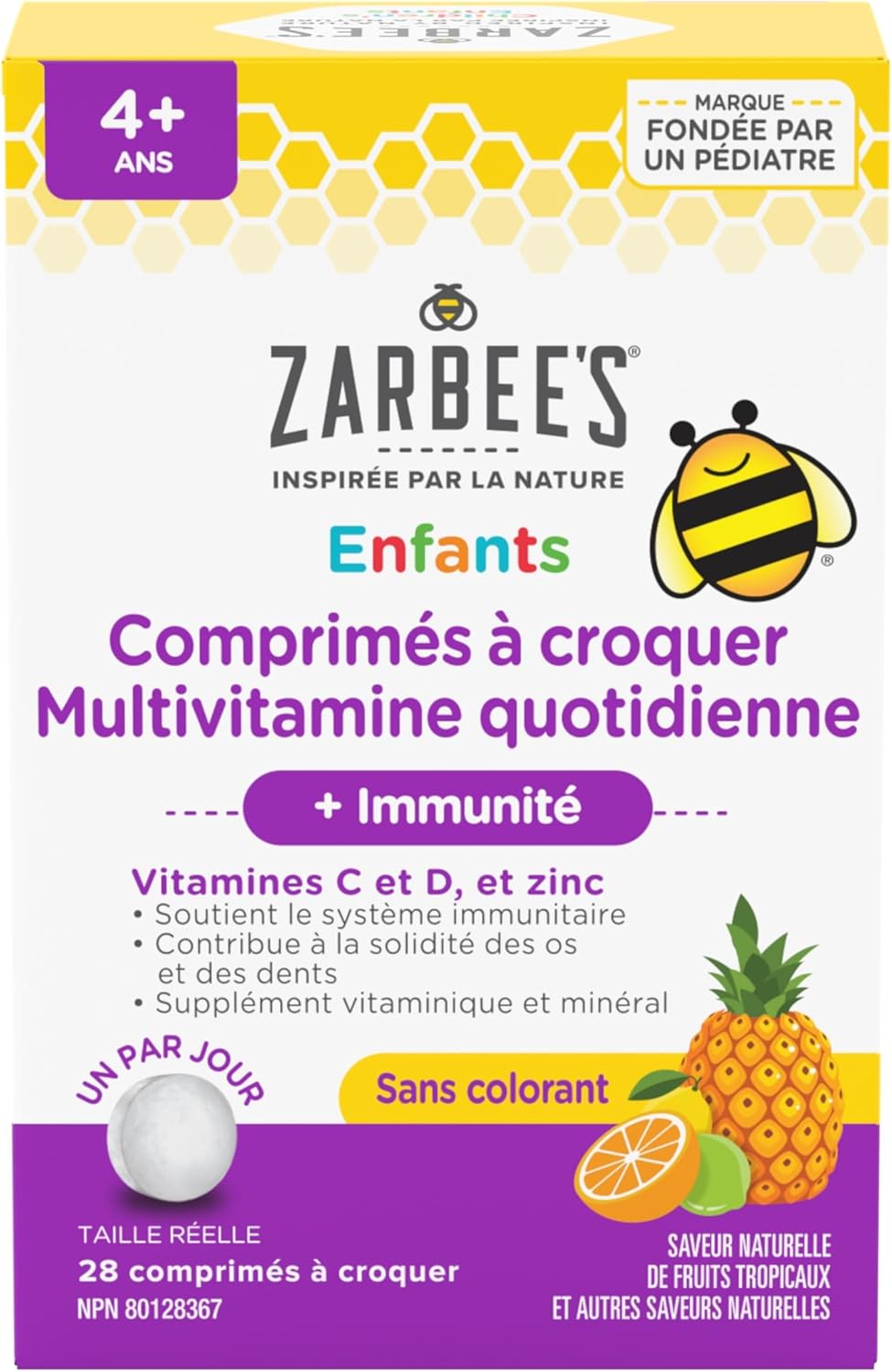 Zarbee's® 每日多种维生素咀嚼片 + 免疫、维生素 D、维生素 C、锌、热带水果口味，28 粒