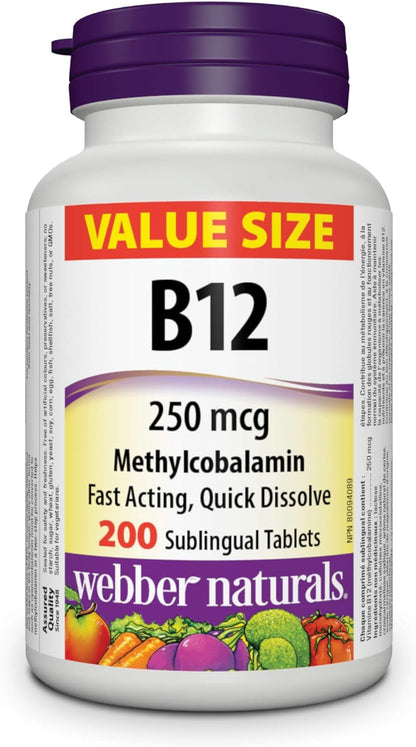 Webber Naturals 维生素 B12 250 微克，速溶，200 片，天然樱桃味，支持能量产生和新陈代谢