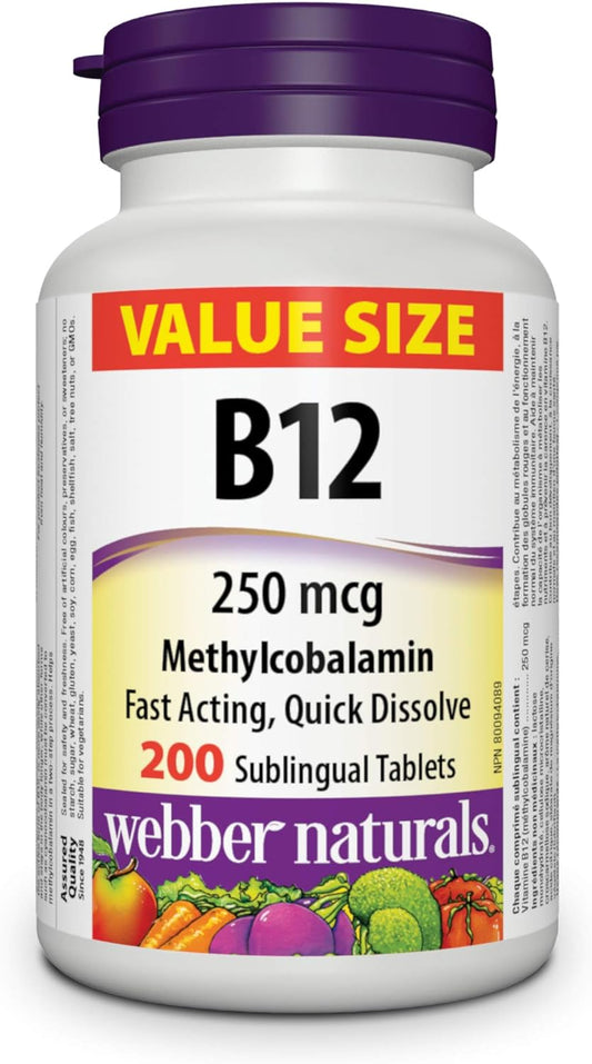 Webber Naturals Vitamin B12 250 mcg, Quick Dissolve, 200 Tablets, Natural Cherry Flavour, Supports Energy Production and Metabolism