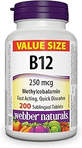 Webber Naturals 維生素 B12 250 微克，速溶，200 片，天然櫻桃味，支持能量產生和新陳代謝