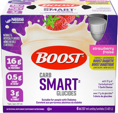 BOOST 糖尿病营养补充剂，草莓味，6x237 毫升，每盒 4 瓶，包装可能有所不同