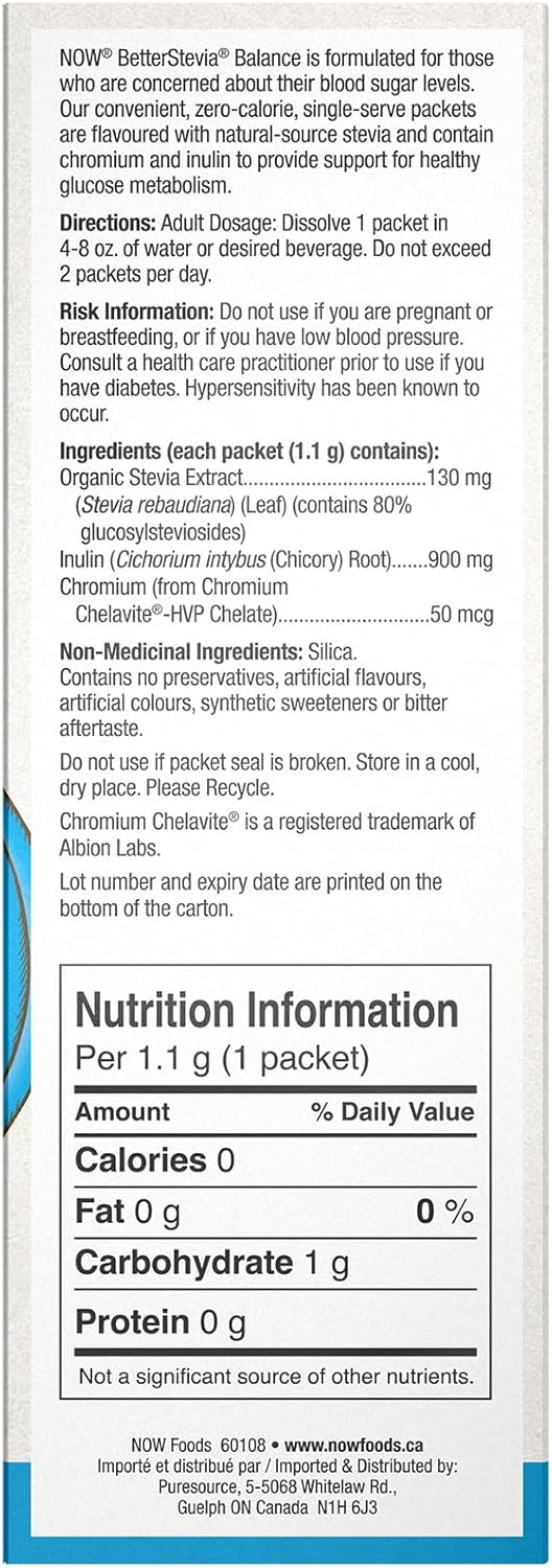 NOW Foods BetterStevia Balance 含铬和菊粉，零卡路里颗粒状甜味剂包，生酮友好，适合糖尿病患者，不含赤藓糖醇，100 包