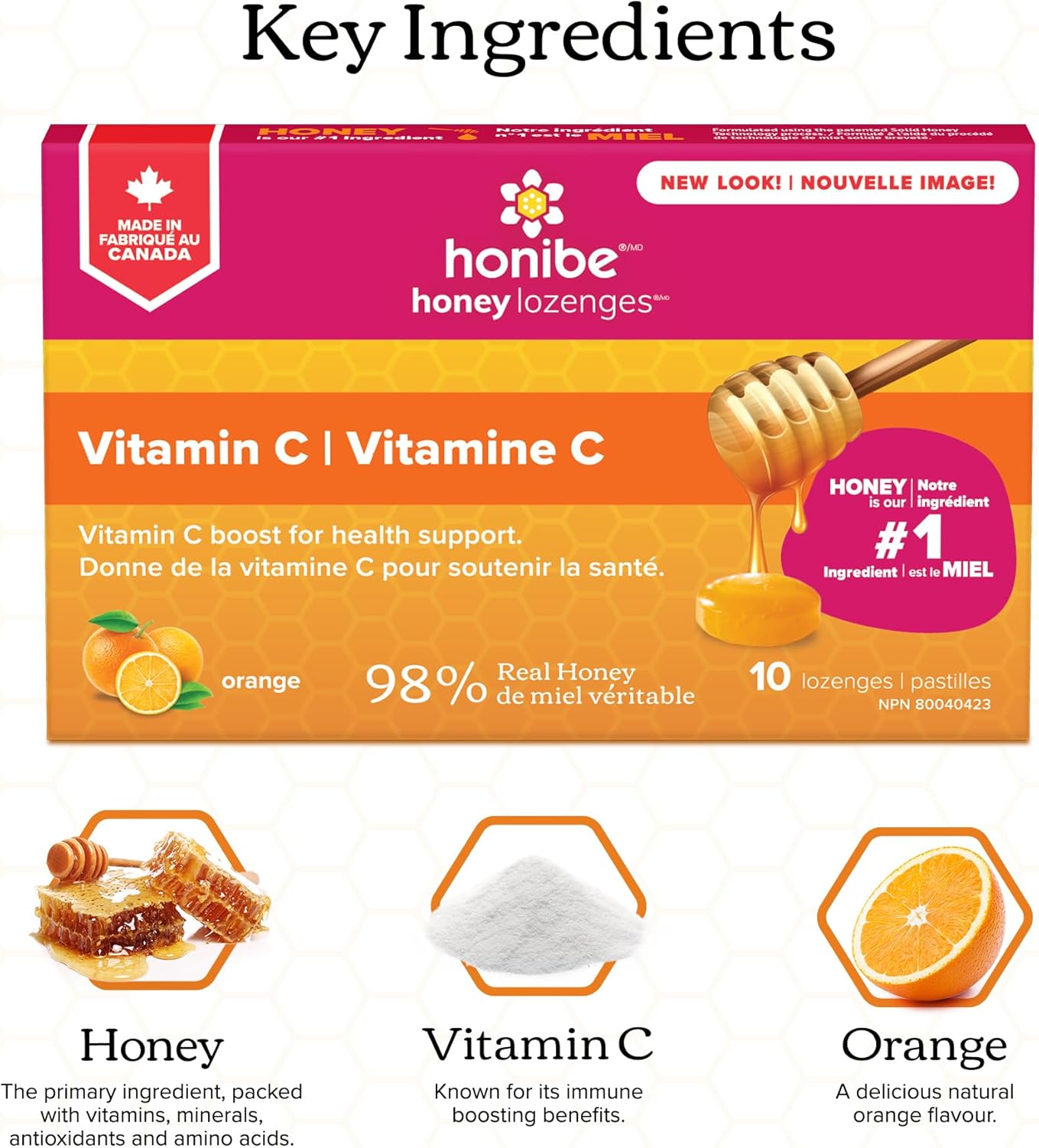 Honibe 100% 纯蜂蜜润喉糖 | 加拿大制造 | 添加维生素 C 以支持健康 | 1 包（10 粒润喉糖）| 天然橙子