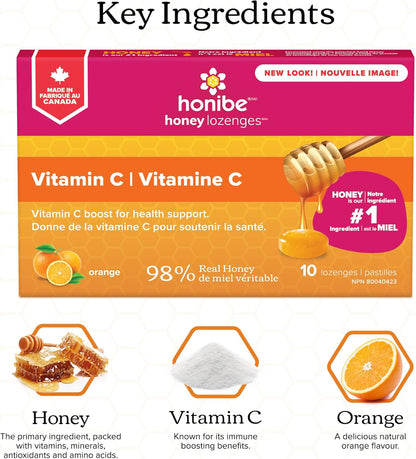 Honibe 100% 纯蜂蜜润喉糖 | 加拿大制造 | 添加维生素 C 以支持健康 | 1 包（10 粒润喉糖）| 天然橙子