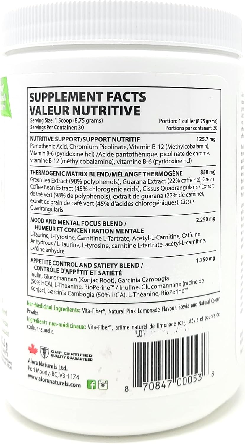Alora Naturals - 全新体重管理粉红柠檬味，262.5克 - 极致生热燃脂配方 - 控制食欲、提升能量、增强专注力 - 融入绿茶