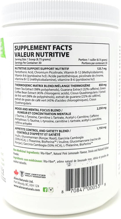 Alora Naturals - 全新体重管理粉红柠檬味，262.5克 - 极致生热燃脂配方 - 控制食欲、提升能量、增强专注力 - 融入绿茶