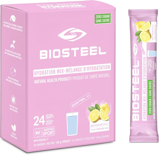BioSteel Hydration Mix, Proudly Canadian - Great Tasting Hydration with Zero Sugar, and No Artificial Flavours or Preservatives, Pink Lemonade Flavour, 24 Single Serving Packets