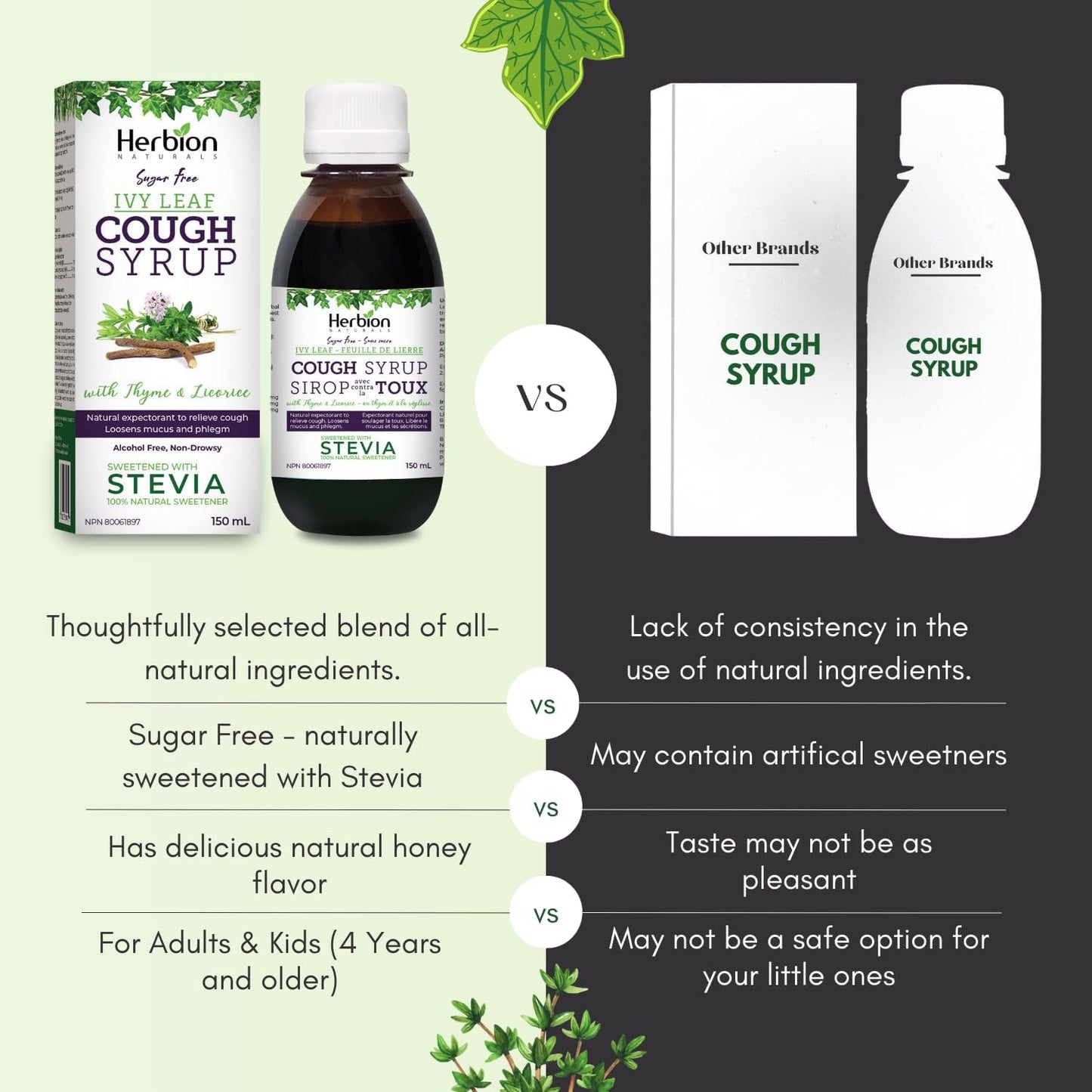 Herbion Naturals 常春藤叶百里香止咳糖浆，150 毫升 - 天然祛痰药；缓解咳嗽；化痰；适用于成人和 4 岁及以上儿童