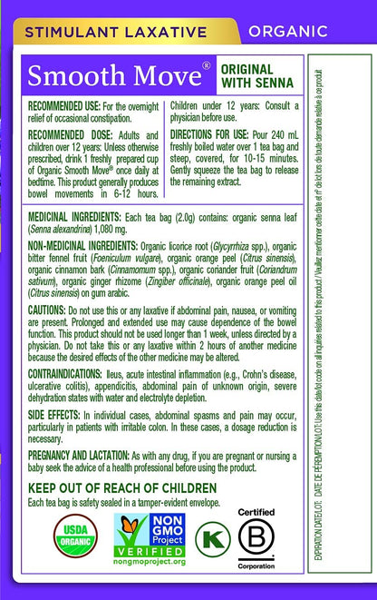 Traditional Medicinals - 有機 Smooth Move 瀉藥草本茶（6 包）- 夜間溫和緩解偶發性便秘 - 共 96 個茶包