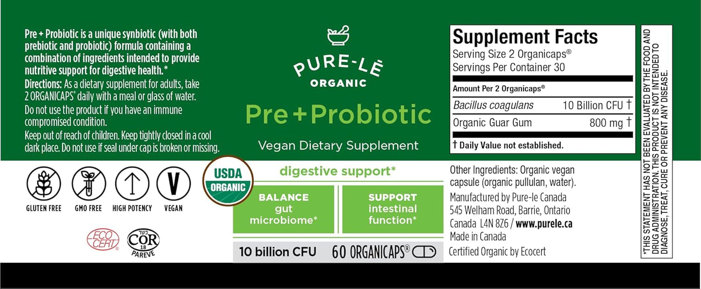 Pure-lē Organicaps – Organic Prebiotic + Probiotic Capsules, 60 Count