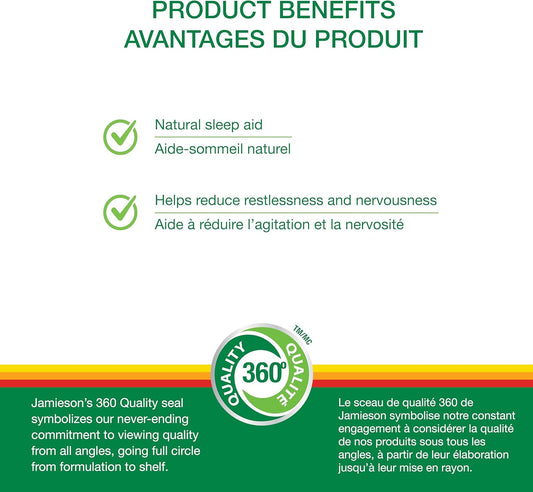 Jamieson Valerian 400 mg, Calming, Melatonin-Free, Natural Herbal-Based Sleep Aid, Reduces Nervousness and Restlessness. Gluten-Free, 60 Softgels, Proudly Canadian