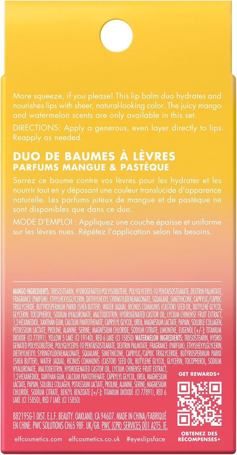 e.l.f. Squeeze Me More Lip Balm Duo, Moisturizing Balm For A Sheer Tint Of Colour, Made With Hyaluronic Acid, Vegan & Cruelty-Free, Mango & Watermelon