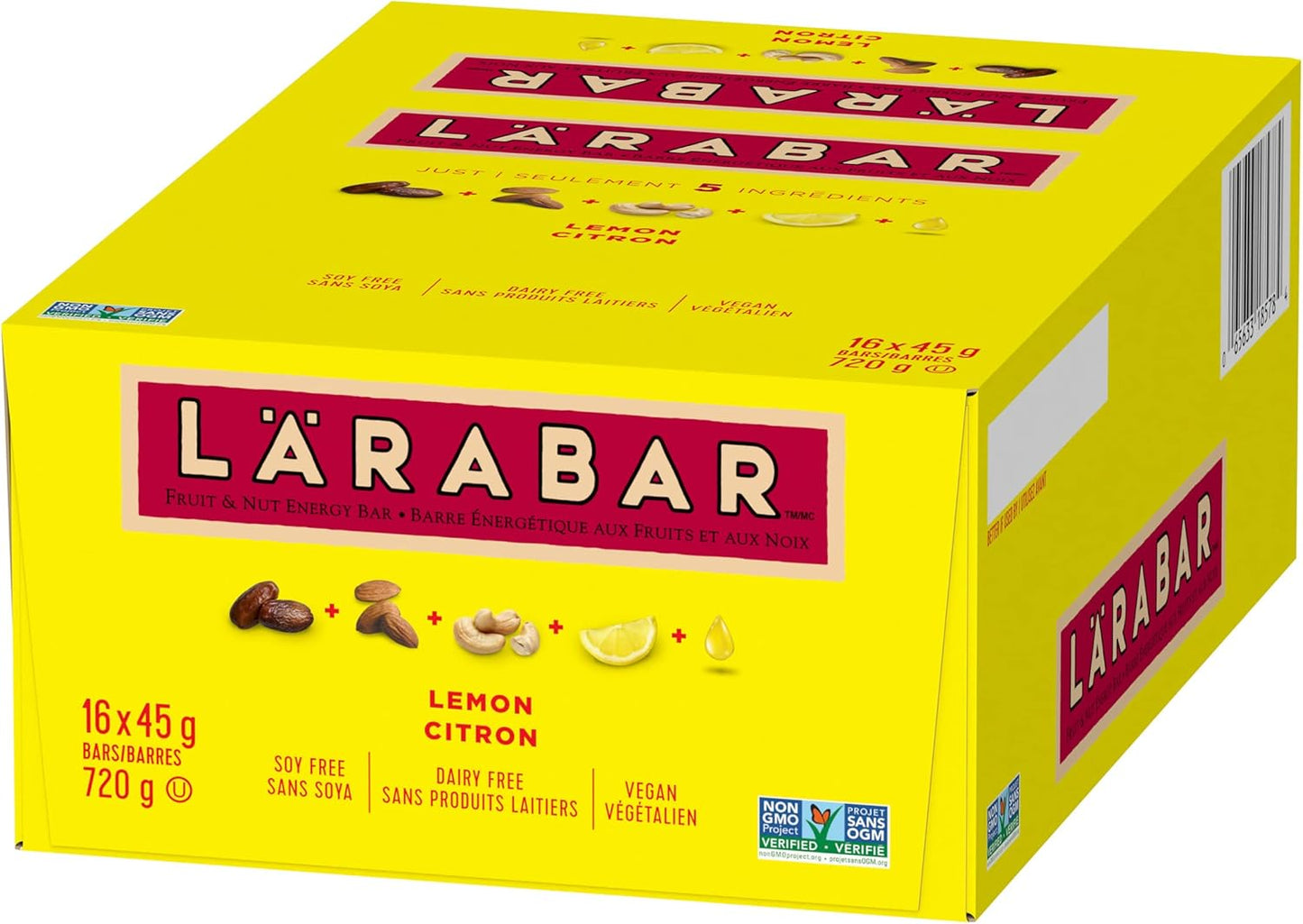 LÄRABAR 柠檬、水果和坚果能量棒，16 条装，无麸质，纯素，家庭装，零食棒，720 克/包