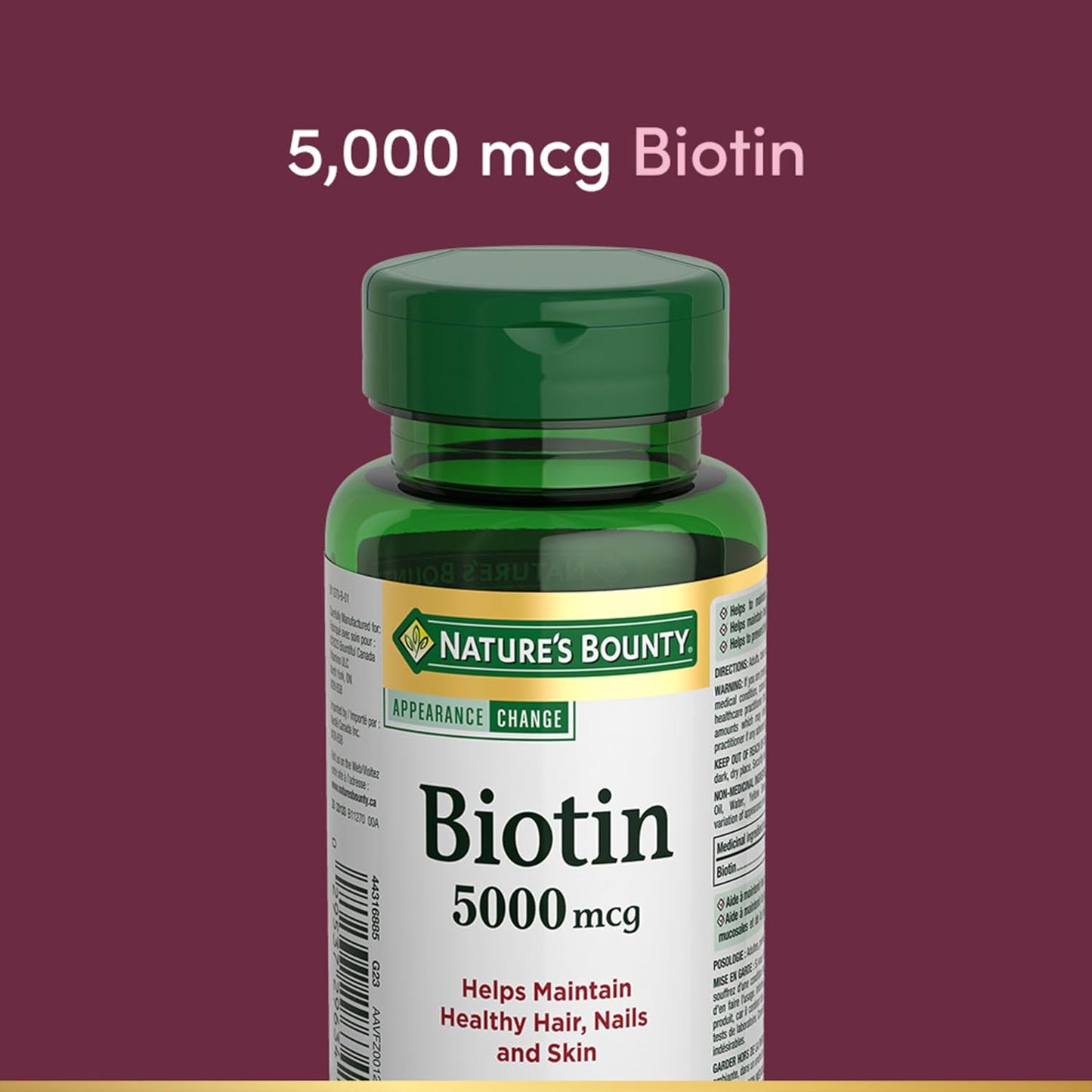 自然之寶生物素 5000 微克，有助於維持健康的頭髮、皮膚和指甲，有助於維持身體代謝營養的能力，預防生物素缺乏症，成人每日 1 粒軟膠囊，100 粒，24.3 克