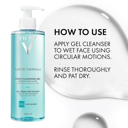 Vichy Face Cleanser, Pureté Thermale Fresh Cleansing Gel Face Wash & Makeup Remover for Sensitive Skin, with Vitamin B5, Hypoallergenic, Paraben-Free
