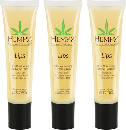 Hempz Original Lip Balm, 3-Pack, travel essential for dry cracked lips, ultra hydrating gloss, .44 oz